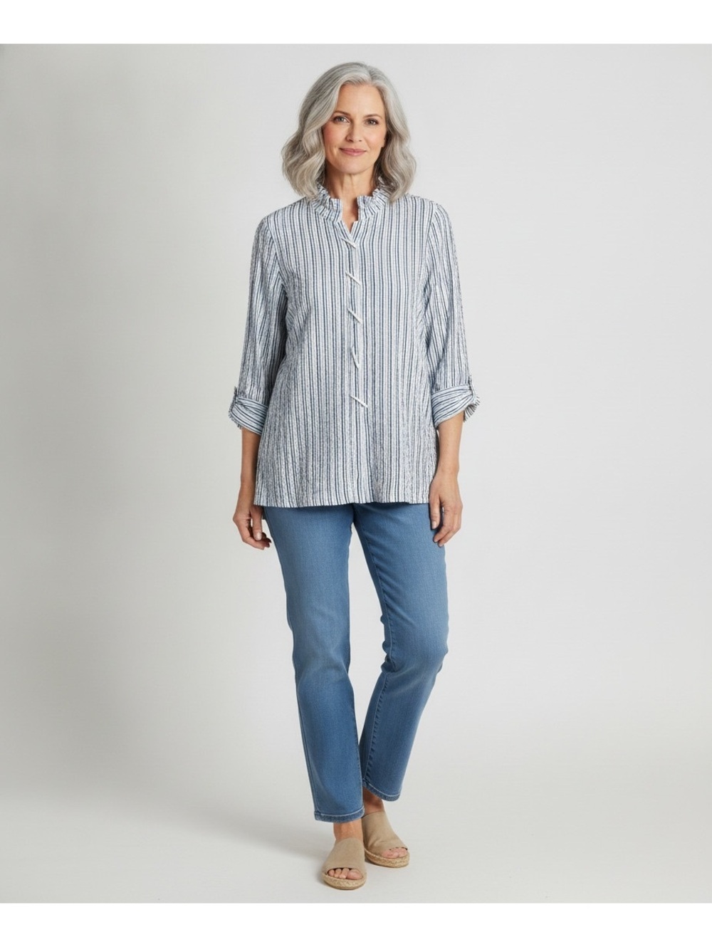 NWOT Ali Miles Seersucker Blue Striped Tunic